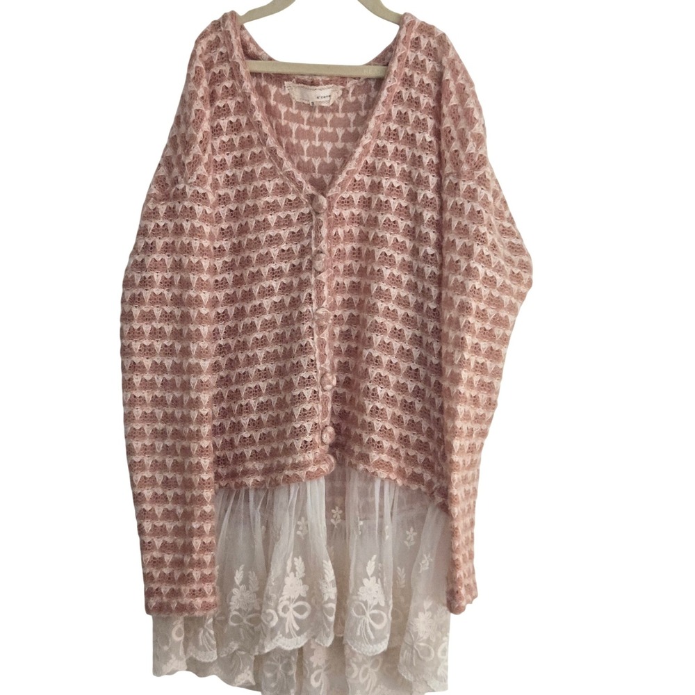 A Reve Pink White Knit Crochet Lace Trim Layered Cardigan‎ Sweater Size S